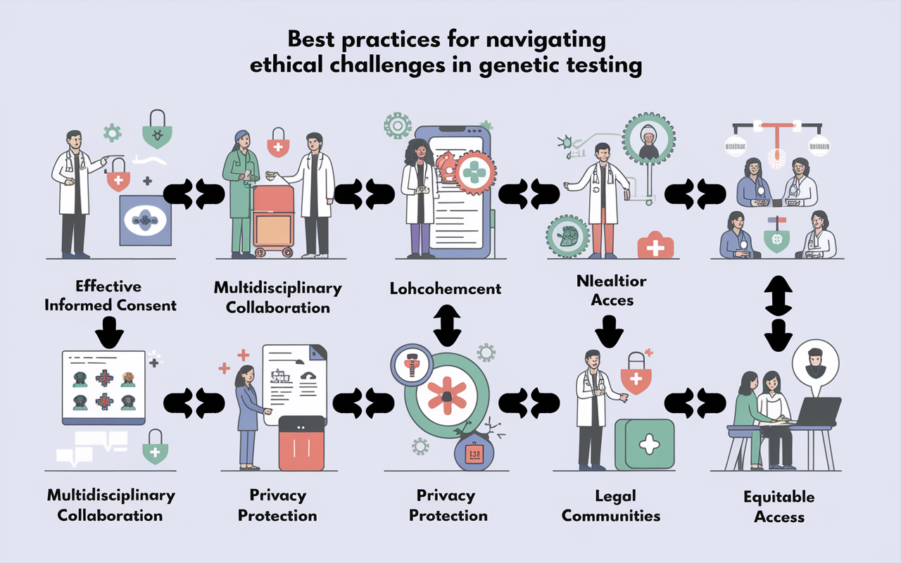 An informative visual summarizing best practices for navigating ethical challenges in genetic testing, depicted in a stylized flowchart format. Key elements include effective informed consent, multidisciplinary collaboration, privacy protection, and equitable access. Each segment features icons representing healthcare professionals, legal documents, and communities. The overall design is clean and engaging, promoting awareness and education in genetics.