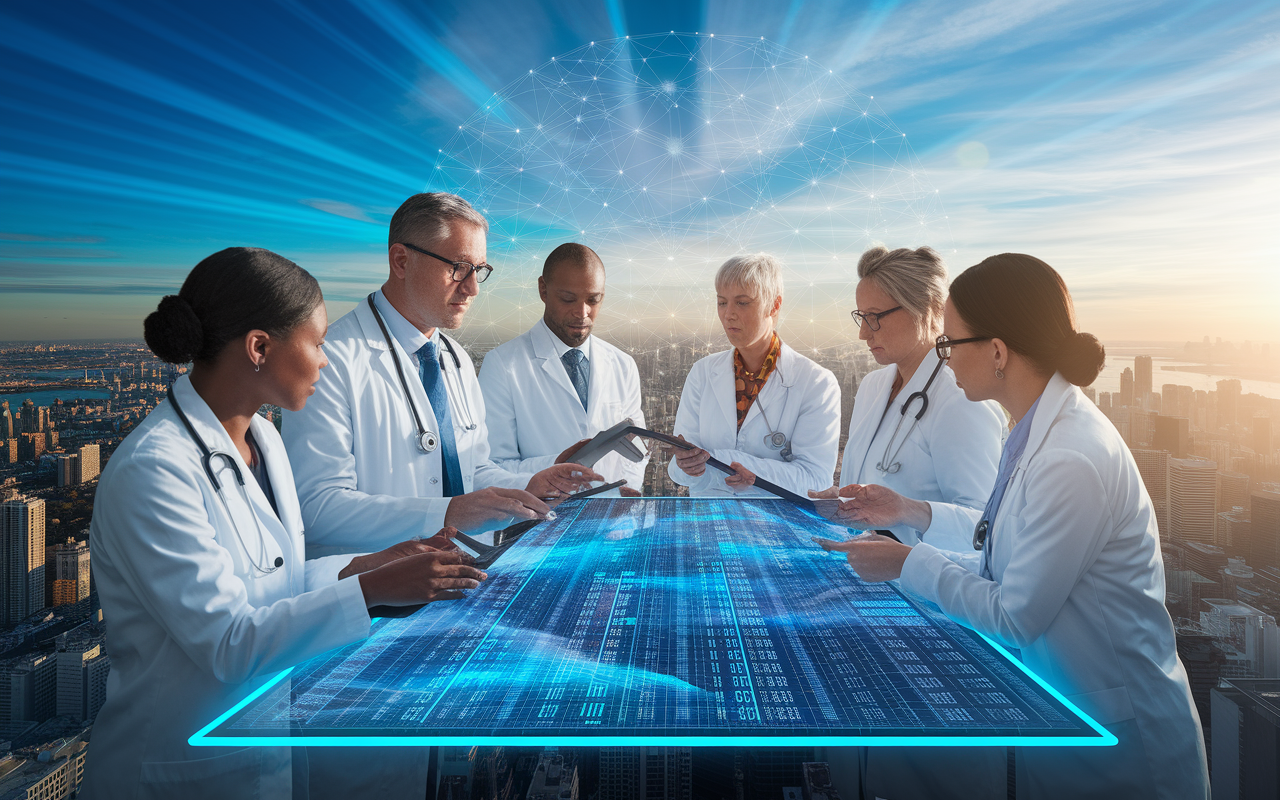 A forward-looking visual representation symbolizing the future of ethical genetic testing. It features a diverse group of healthcare professionals collaborating across a high-tech digital platform, engaged in discussions about genetic policies and patient care. Bright and inspiring cityscape in the background, symbolizing hope and advancement in the field of genetics. Soft rays of light illuminating the scene, hinting at a future of collaboration, equity, and innovation.