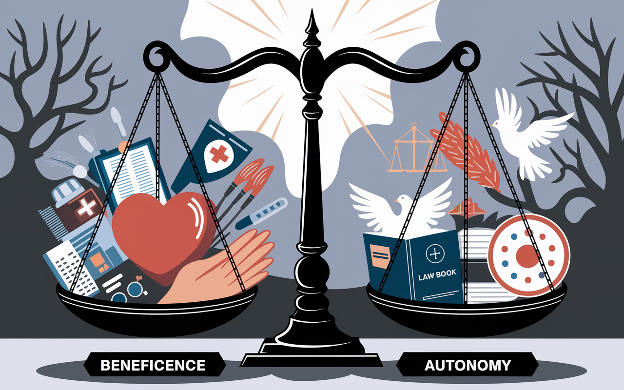 An illustration depicting two scales, one labeled 'Beneficence' filled with medical tools, a heart, and a healing hand, and the other labeled 'Autonomy', with symbols of freedom like a dove, a law book, and a patient decision wheel. The background shows a hazy, conflicting gray setting symbolizing ethical dilemmas, with soft light breaking through, representing hope and understanding in healthcare decision-making.