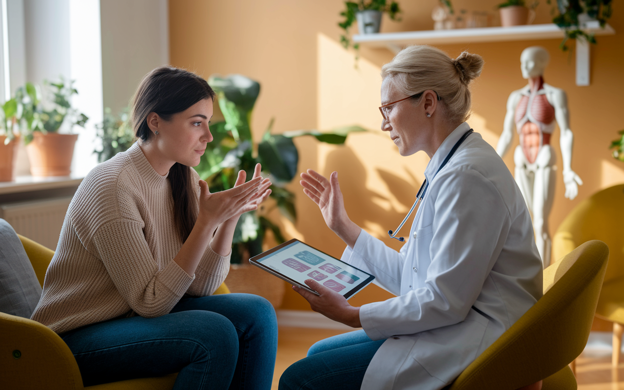 A healthcare professional sitting with a patient in a cozy consultation room, both engaged in a shared decision-making process. The patient, a young woman, is expressing her thoughts with hand gestures, while the healthcare provider uses a tablet displaying treatment options. The room has warm colors with plants, an anatomical model on the shelf, and trust depicted through their focused expressions. Sunlight shines through the window, symbolizing hope and clarity in communication.