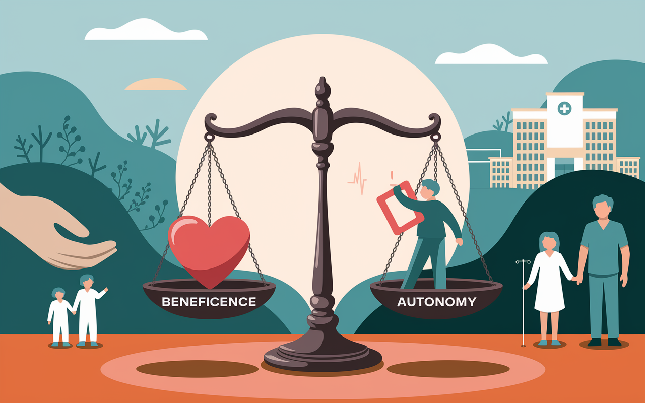 A symbolic representation of the ethical balance in healthcare, with an old-fashioned medical scale balancing a heart on one side labeled 'Beneficence' and a person making a choice on the other side labeled 'Autonomy'. The backdrop is a soothing blend of calming colors, with elements such as a hospital building in the distance, a caring hand reaching out, and supportive figures representing family and healthcare professionals. A soft light casts an inspirational glow on the scene, symbolizing hope and compassion in medical ethics.