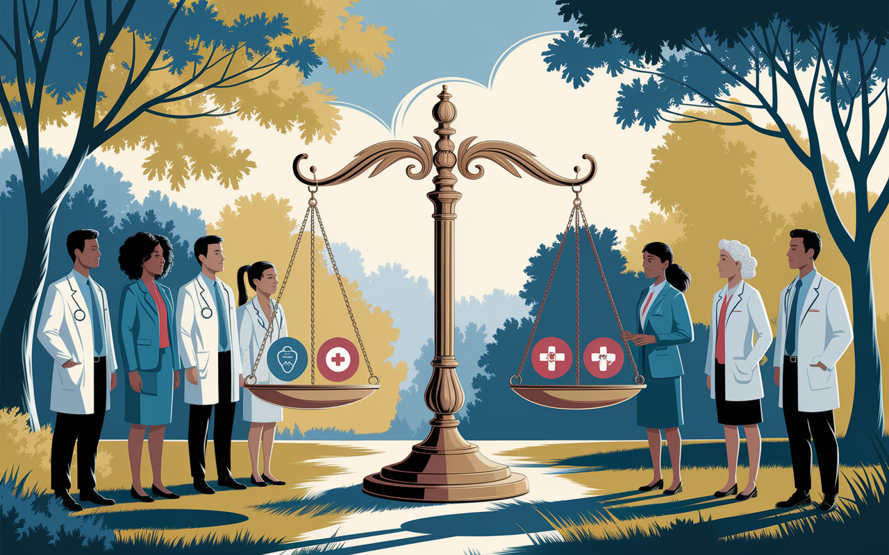 An artistic representation of the principle of justice within healthcare, featuring a balanced scale with medical icons on each side, surrounded by diverse individuals from various backgrounds. The scene is set outdoors in a park, with golden morning light filtering through trees, symbolizing hope and equality in healthcare access.