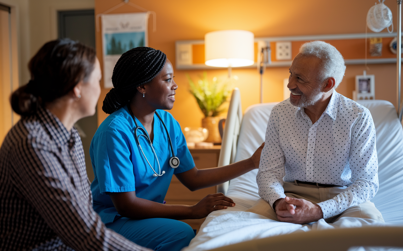 An African-American nurse in a healthcare setting, kneeling beside an elderly Hispanic patient sitting on a hospital bed. The nurse is attentively listening, displaying empathy and understanding while a family member interprets. The room is warmly lit, decorated with personal touches, creating a welcoming and supportive environment. The interaction emphasizes cultural sensitivity, showing the importance of effective communication in patient-centered care.