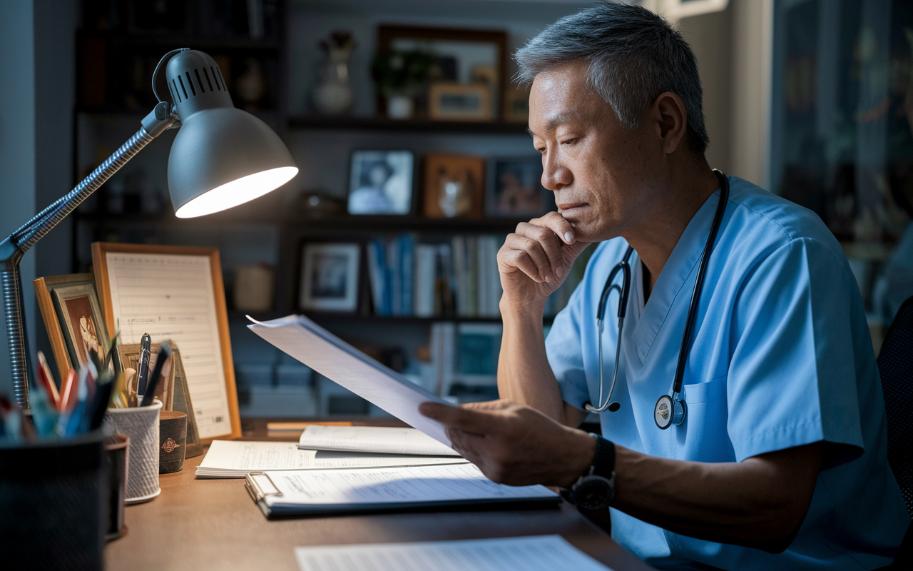 A thoughtful healthcare provider reviewing a patient's chart in a cozy office filled with cultural artifacts. The provider, a middle-aged Asian male, is depicted in deep contemplation, looking at notes about the patient’s cultural background and health preferences. A soft desk lamp illuminates the workspace, creating a reflective atmosphere. The scene captures the integration of cultural sensitivity in the ethical decision-making process.