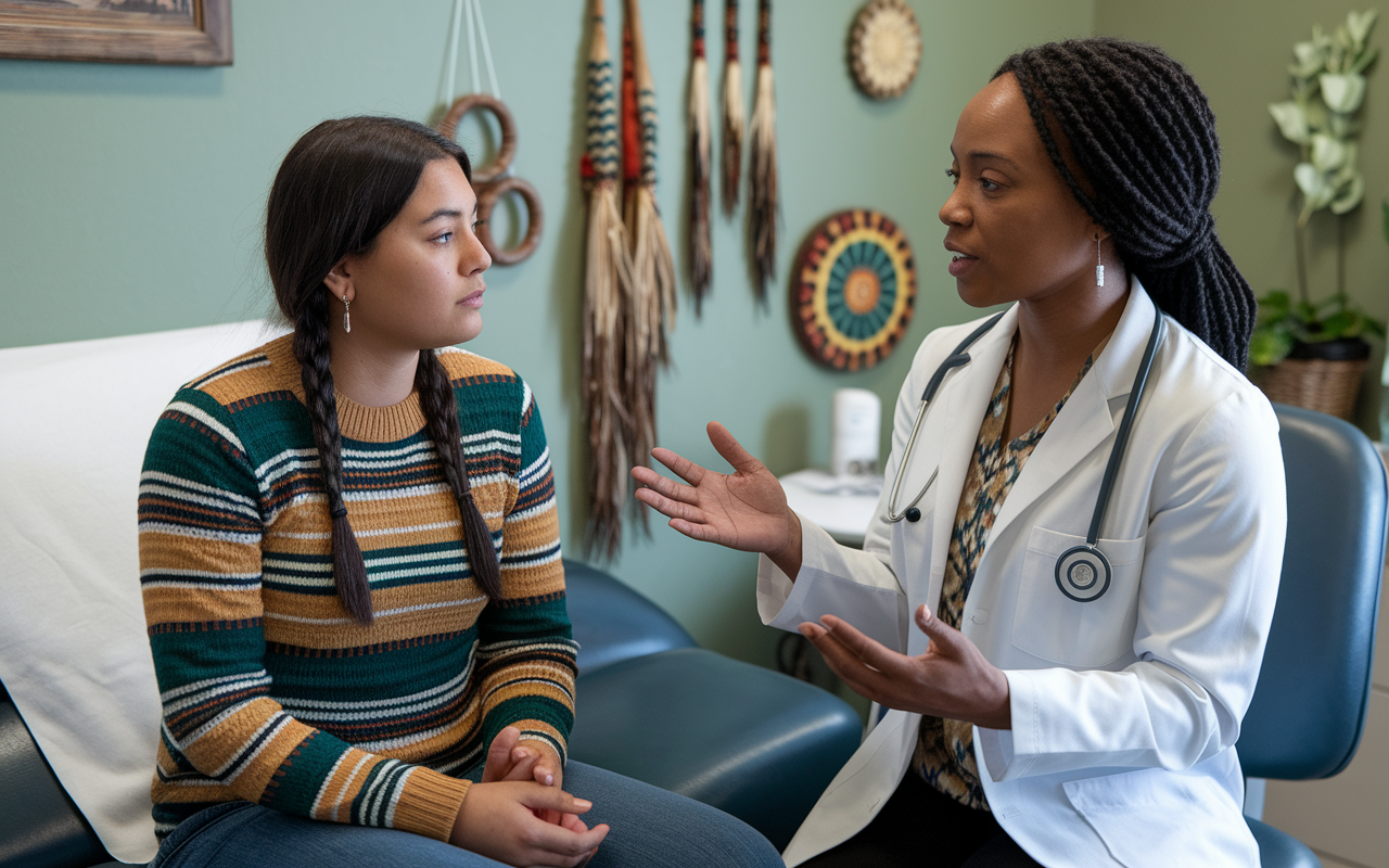 A compassionate healthcare provider, a Black female physician, explains treatment options to a young Native American female patient in a clinic. The exam room has a peaceful atmosphere, with earthy tones and decorations reflecting Indigenous culture. The patient expresses her preference for traditional herbal remedies, and the doctor is attentively discussing the benefits and risks, showing respect for cultural practices while providing medical guidance.