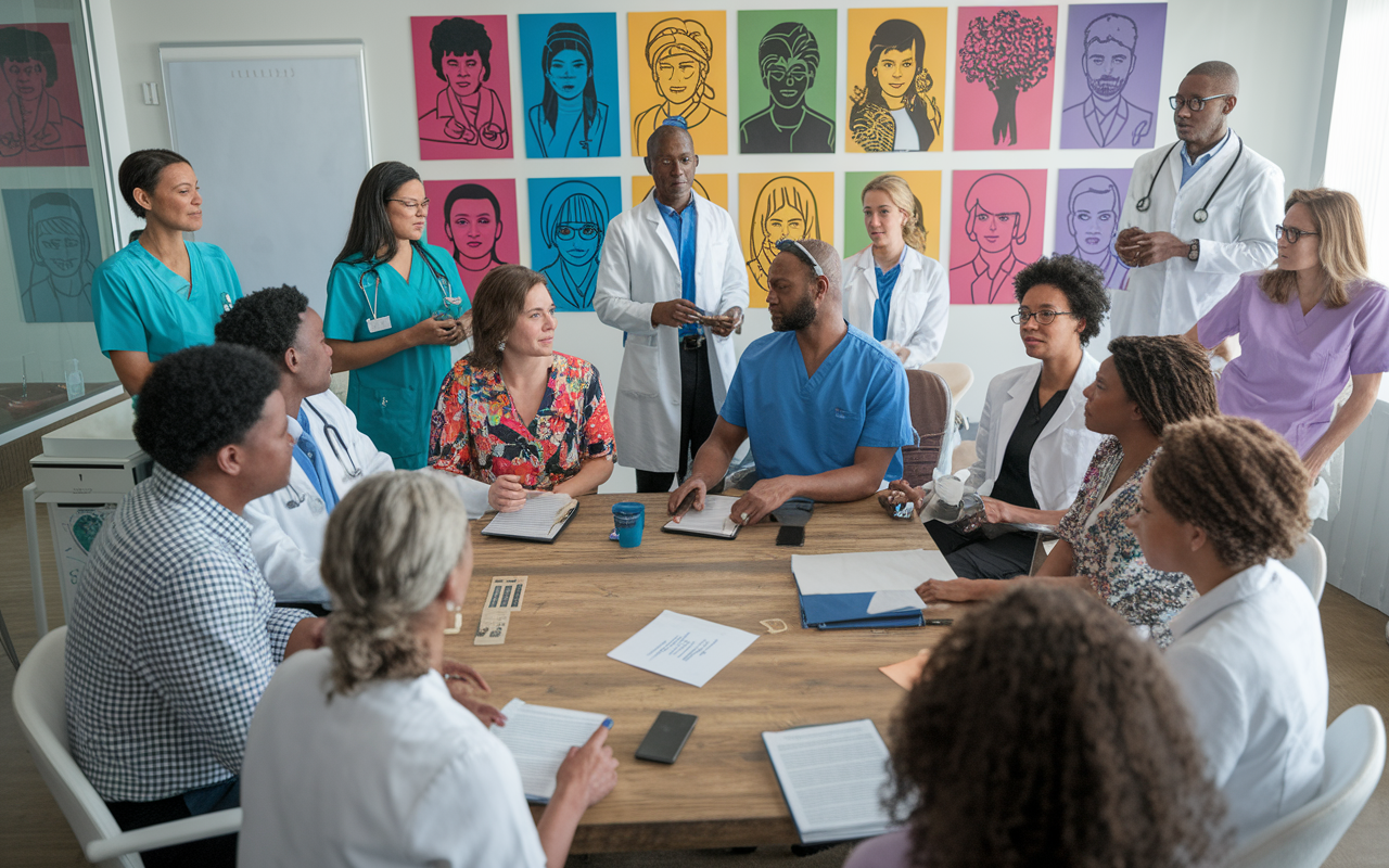 A diverse group of healthcare professionals participates in a cultural competency training workshop. The room is filled with colorful visuals depicting various cultures, and a facilitator engages the participants with a presentation. The atmosphere is dynamic, with various professionals actively discussing and reflecting on their own cultural experiences, underscoring the importance of sensitivity in healthcare.