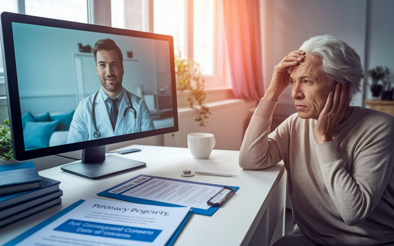 A virtual telemedicine appointment in progress, showing a doctor on a screen interacting with a patient at home. The room is softly lit and cozy, but the patient looks confused about the technology. On a nearby desk, privacy regulations and consent forms are visible, conveying the complexity of informed consent and data security concerns. Warm, inviting colors enhance the emotional weight of the scenario.