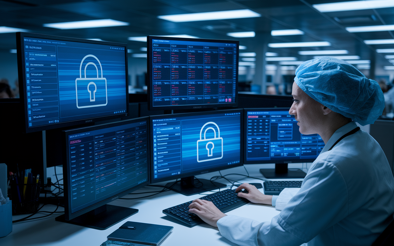 An office scene of a healthcare provider analyzing digital health records displayed on multiple screens. The environment is busy yet focused, with visual elements representing data security and patient privacy. Dim lighting contrasts the bright screens, highlighting the tension between technology and ethical responsibilities. The provider’s expression is serious, indicating the weight of ensuring data accuracy and confidentiality.