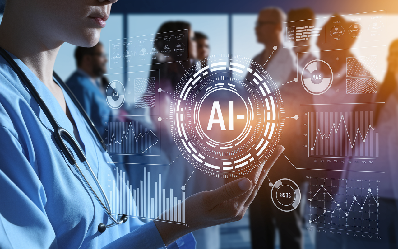 A close-up of a healthcare professional analyzing AI-generated data on a screen. The background features a diverse set of patients communicating, highlighting the importance of equitable AI applications in healthcare. Bright analytical graphs and charts illuminate the scene, symbolizing the complexity and potential biases inherent in technology. The lighting is sharp, reflecting clarity and scrutiny.