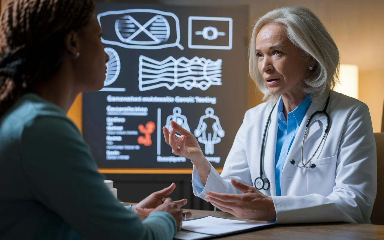 A healthcare provider meets with a patient in a private consultation room, discussing genomic testing results. The setting is warm and inviting, with visuals of DNA sequences and complex genetic charts on display. The expression on the patient’s face shows concern, highlighting the need for clarity and understanding in consent. Soft, diffused lighting emphasizes the intimacy and significance of the conversation.