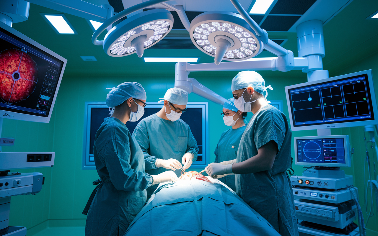 An operating room where advanced surgical robots are assisting doctors in a procedure. The atmosphere is bright and high-tech, with detailed visuals of robotic instruments and monitors displaying real-time data. Surgeons in scrubs and masks focus intently on the tasks at hand, reflecting the blend of human skill and robotic precision. Lighting is bright and clinical, emphasizing the innovation in surgical practices.