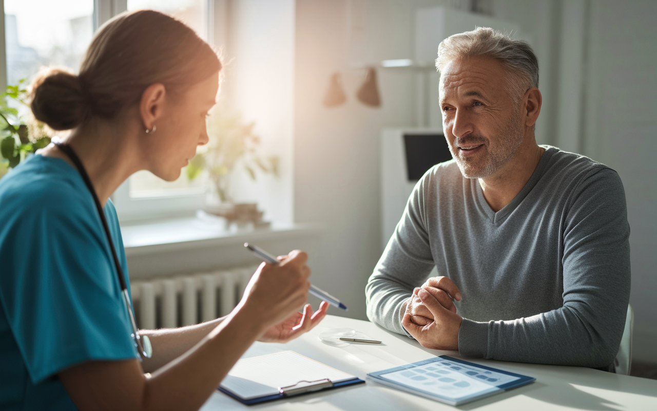 A thoughtful healthcare practitioner in a bright, welcoming consultation room, engaging with a patient about a treatment plan. The patient, a middle-aged man, looks attentive yet anxious, as the practitioner uses visual aids, illustrating key points. Soft sunlight filters through the window, creating a comfortable and open atmosphere. The scene captures the balance of ethical considerations and legal obligations in ensuring informed consent.