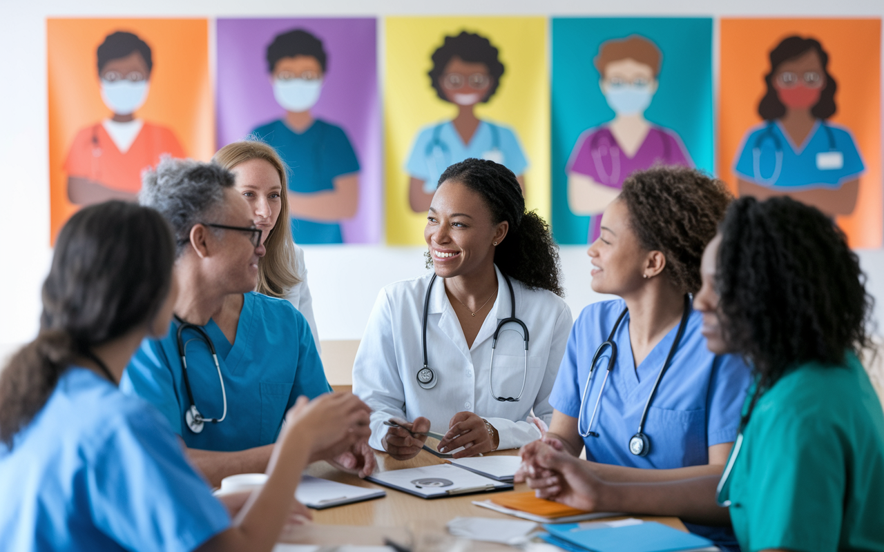 A diverse group of healthcare providers engaged in a community health workshop, discussing strategies for culturally competent care. In the background, colorful posters highlight different cultures and health disparities. The room is vibrant and filled with supportive energy, showcasing collaboration, understanding, and the drive for equitable healthcare. Soft, natural lighting enhances the inclusivity of the space.