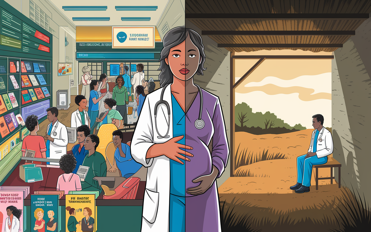 A split-screen image showing two contrasting environments: on one side, a thriving urban health clinic with bustling activity, healthcare professionals engaging with patients, and colorful health literature displayed; on the other side, a stark rural clinic with a lone physician waiting, limited resources, and a sense of desolation, indicating the disparity in healthcare access. The mood is maternal yet serious, highlighting the uneven distribution of health services. Illustrative style with rich colors illustrating the contrast in environments.