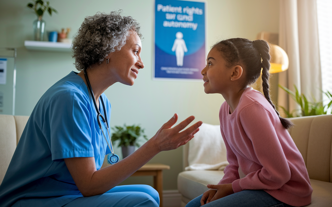 A compassionate healthcare provider in a bright, welcoming consultation room, kneeling down to speak eye-to-eye with a young girl from a marginalized background who appears curious yet anxious. In the background, a poster promoting patient rights and autonomy is visible on the wall. The setting is warm and inviting with soft lighting, capturing an empowering moment of shared decision-making in healthcare. Artistic style focused on emotional engagement and realism.