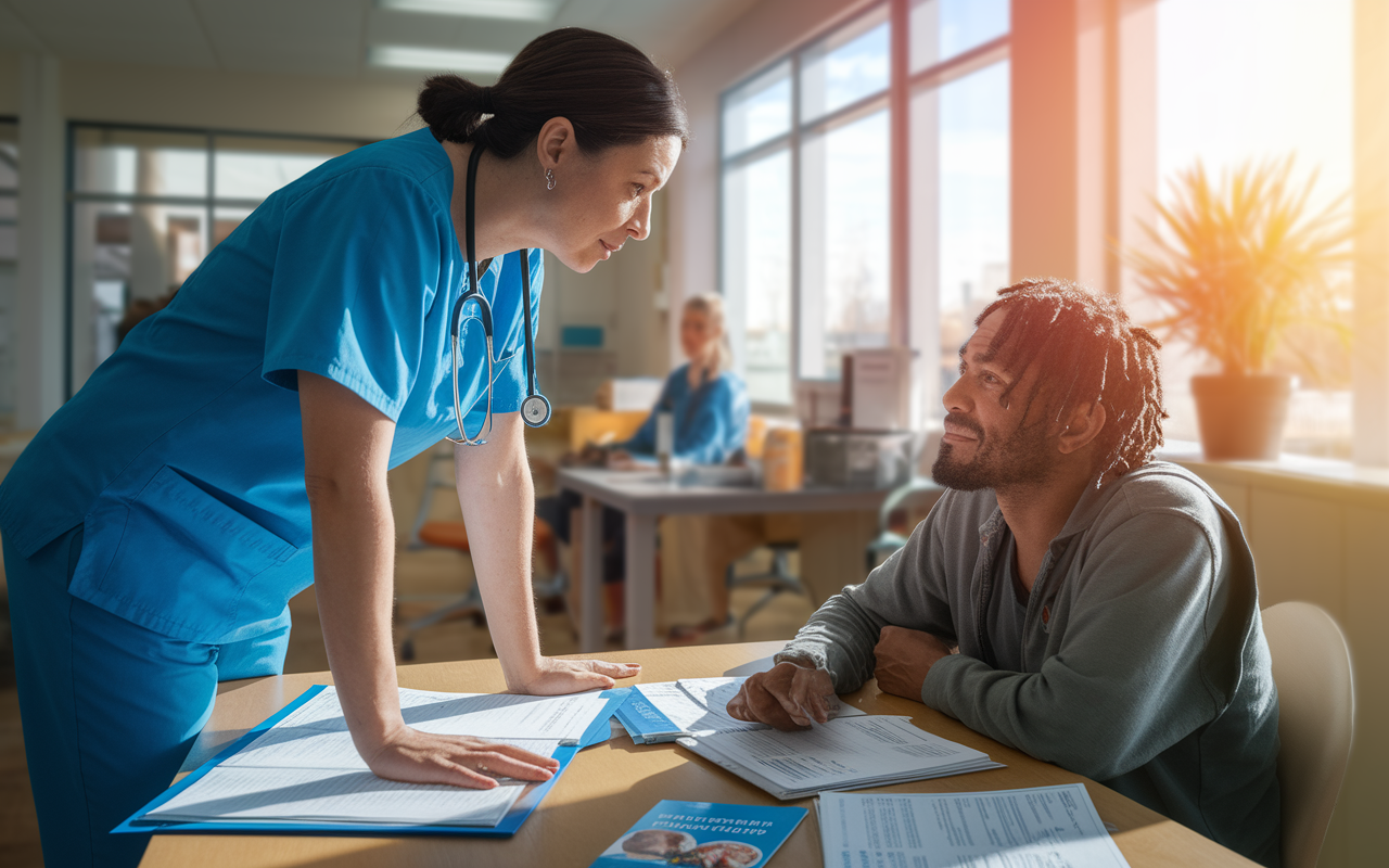 A healthcare professional in a community clinic, leaning over a table filled with medical charts, conversing earnestly with a homeless patient who looks weary yet hopeful. A community resource pamphlet is visible on the table, indicating support services. The setting is bright and busy, symbolizing hope and connection. Warm sunlight streaming through the window gives a sense of possibility. Realistic style capturing the emotional weight of their encounter.