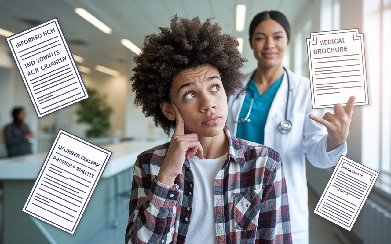 A visual representation of the complex concept of autonomy in healthcare, showing a young adolescent thoughtfully considering medical choices. The background depicts a modern clinic, with a healthcare provider pointing towards a medical brochure. The adolescent, showing a mix of curiosity and uncertainty, reflects their developmental stage, surrounded by symbols of informed consent such as forms and pamphlets. Soft, natural lighting creates a supportive atmosphere, emphasizing the importance of informed decision-making.