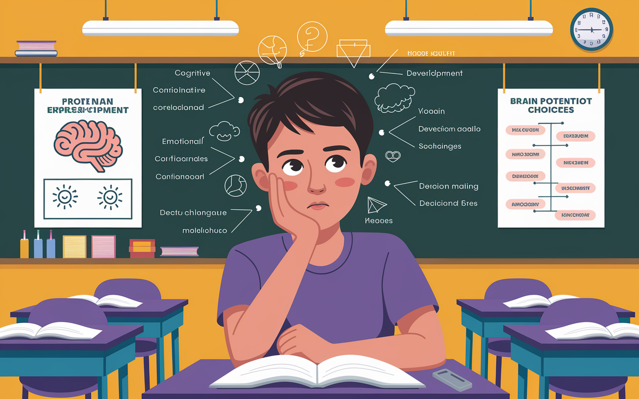 An expressive illustration of a 15-year-old engaging in deep thought, surrounded by symbols representing cognitive, emotional, and social changes. The background is a vibrant classroom setting with elements that denote learning and growth. The adolescent's facial expression shows contemplation and curiosity, while educational charts about brain development and decision-making hang on the walls. Bright, dynamic lighting emphasizes their potential and the complexity surrounding informed choices.