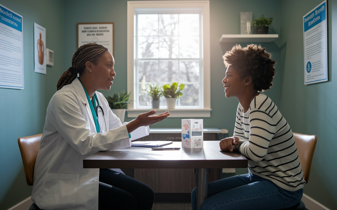 An insightful scene depicting a young adolescent speaking with a compassionate healthcare provider in a private consultation room. The provider, demonstrating warmth and understanding, presents a medical model relevant to the adolescent's health concerns. The room is decorated in soft colors, with informational posters about patient rights on the walls. Natural light spills in from a window, symbolizing hope and empowerment, while the adolescent takes a decisive step toward understanding their own health care options.