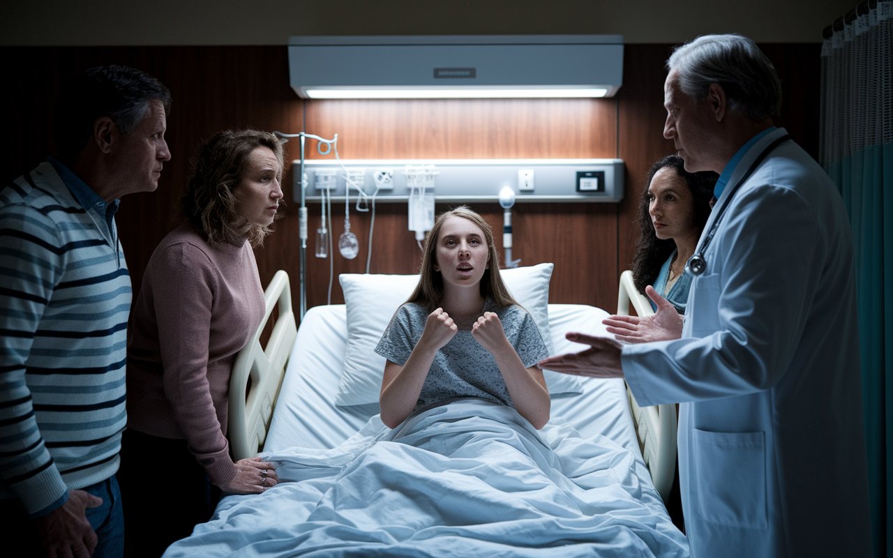 Dramatic visual of a 16-year-old girl in a hospital room, expressing determination while sitting on a hospital bed, surrounded by concerned parents and a healthcare professional explaining her condition. The atmosphere is tense, conveying the ethical dilemma between the adolescent's refusal of chemotherapy and the physician’s efforts to explain treatment benefits. Dim lighting creates contrast, highlighting the emotional weight of the situation, showcasing the struggle between autonomy and the need for care.