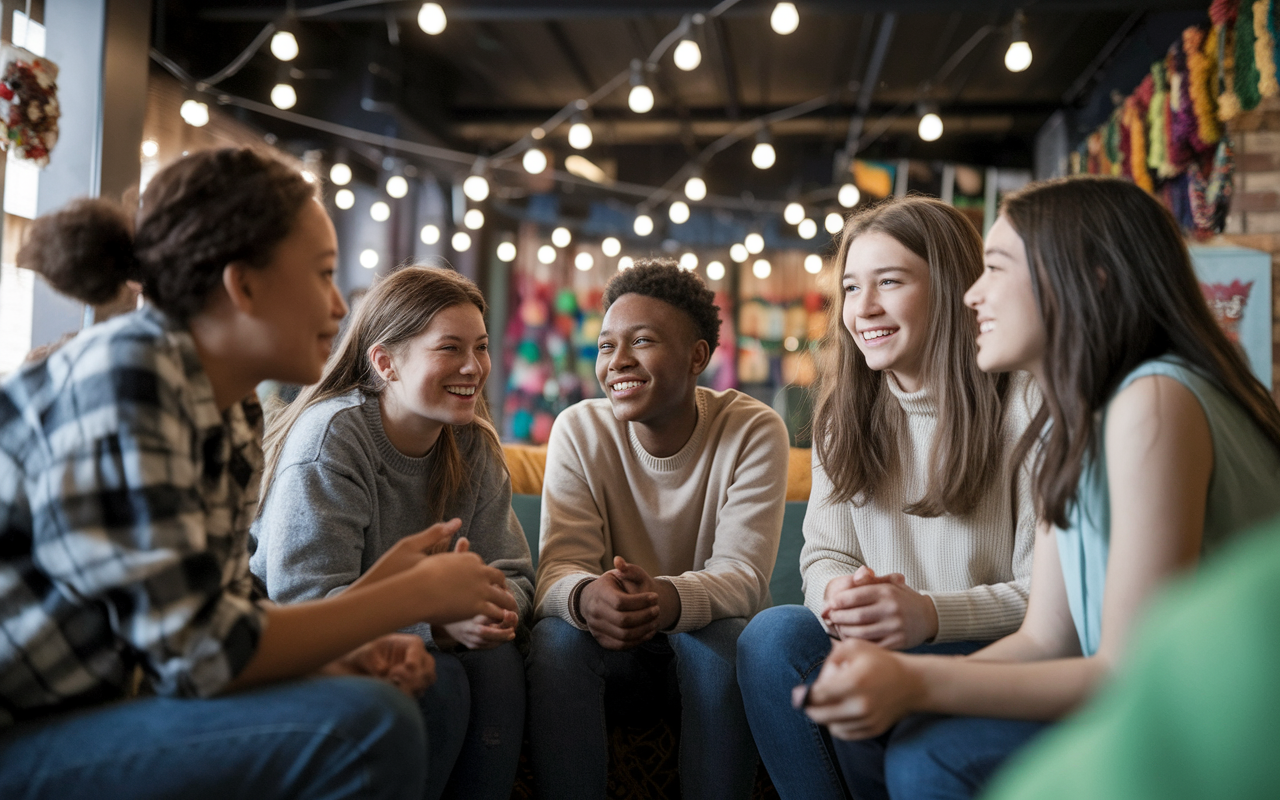 A culturally diverse group of adolescents engaged in a group discussion within a cozy community health space, surrounded by culturally relevant decorations. The adolescents are animatedly sharing their thoughts on health decisions, highlighting the importance of cultural beliefs. Soft, ambient lighting creates an inviting atmosphere that fosters open dialogue and respect for their differing views on autonomy. The depiction illustrates the rich tapestry of cultural influences on healthcare decisions.