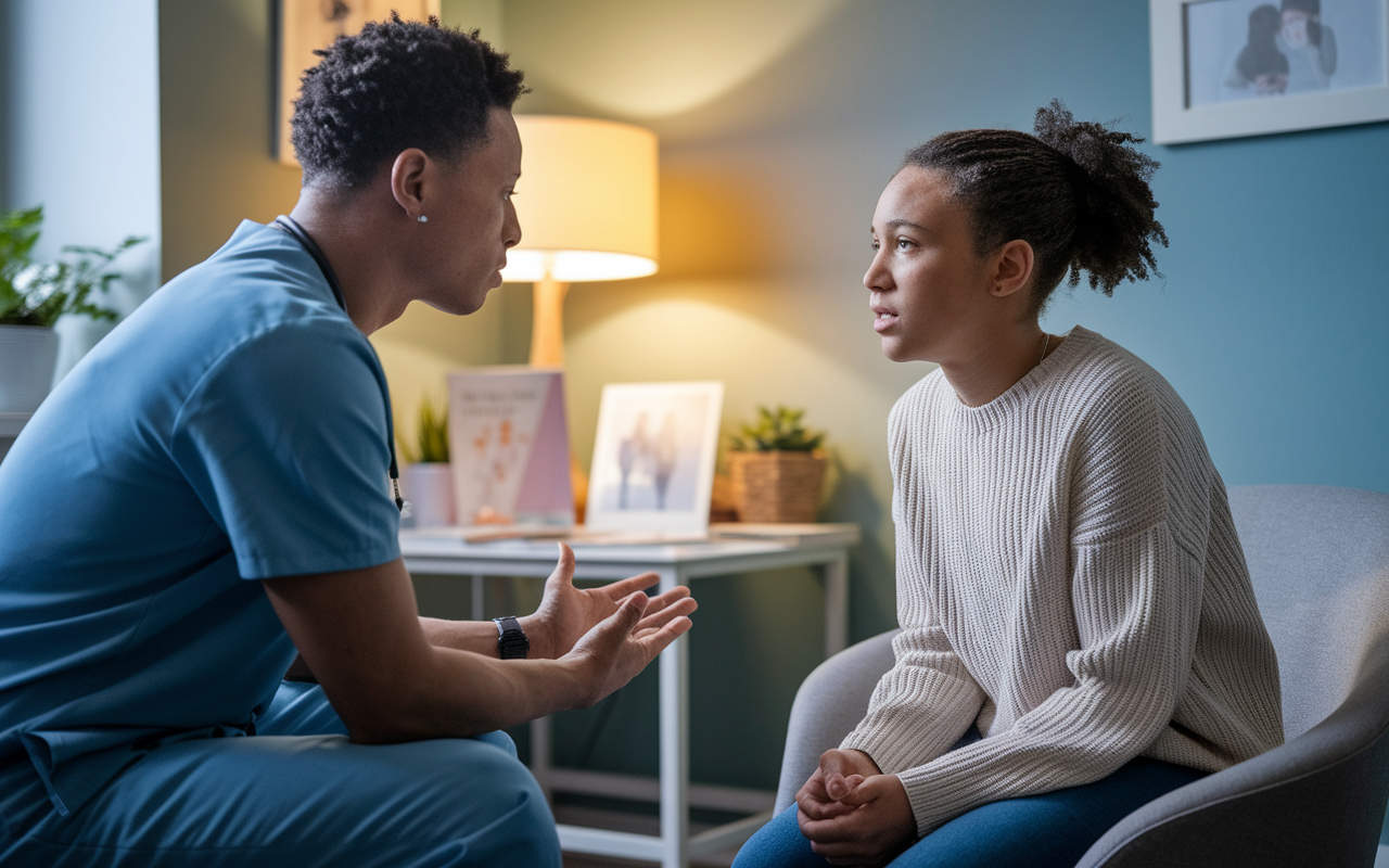 An intimate scene in a consultation room where a healthcare provider is sitting across from a young adolescent patient, displaying empathy and understanding. The provider leans forward, actively listening, while the adolescent expresses concerns about their health. The room is softly lit, with calming colors and resources available on a table. A warm environment underscores the importance of supportive communication in navigating health decisions, reflecting care and partnership.