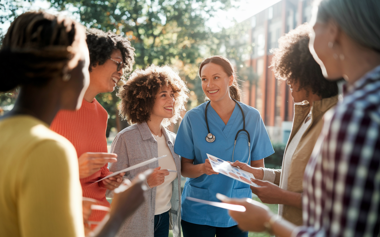 A healthcare professional interacting with a group of community members in a warm, outdoor setting. The scene highlights a diverse group of people, including individuals of various ages and backgrounds engaging in an open dialogue about health practices. Bright colors and natural sunlight create a friendly atmosphere. The professional is holding educational materials about maternal health while the community members actively listen, embodying trust and a collaborative spirit.