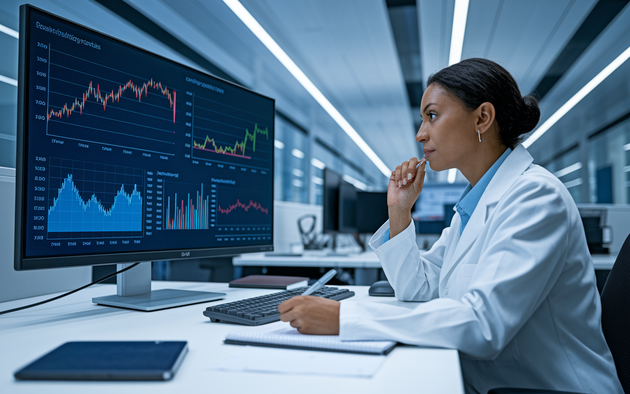 A focused global health professional analyzing health data on a large monitor in a modern, well-equipped office. Graphs and statistical models displayed on the screen illustrate disease trends and outcomes. The professional, a Middle-Eastern woman in a lab coat, is taking notes while deep in thought, conveying a sense of diligence and the importance of evidence-based decision-making. The room is well-lit with sleek, contemporary design, enhancing the scientific atmosphere.