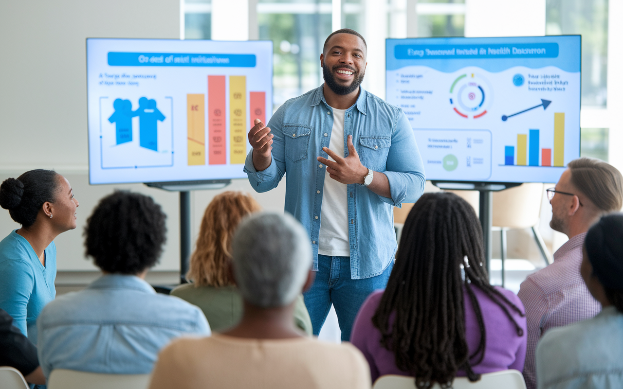 A public health professional presenting to a diverse audience in a community center. Engaging visuals such as infographics and charts are displayed in the background, while the presenter passionately discusses health initiatives. The audience, comprised of varied ethnicities and ages, shows interest and engagement, some taking notes. The room is bright and welcoming, reflecting a positive, interactive atmosphere that encourages dialogue about health education.