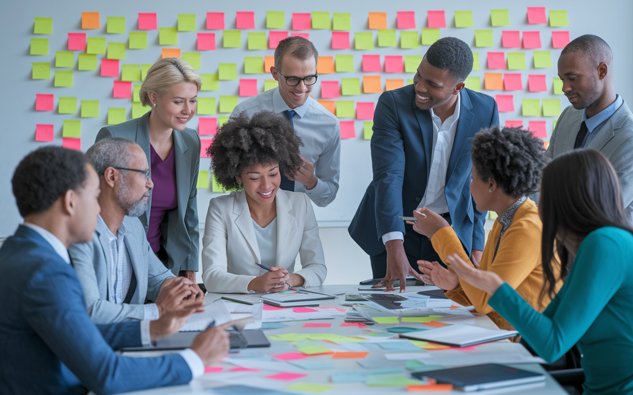 A vibrant meeting scene where a diverse interdisciplinary team is brainstorming health solutions. The team members, consisting of varied professionals—including a nurse, a social worker, and an economist—dressed in professional attire, are engaged in discussion around a table filled with documents and laptops. The room is filled with colorful post-it notes on a whiteboard, capturing innovative ideas. The atmosphere is dynamic and collaborative, emphasizing the importance of teamwork in global health.