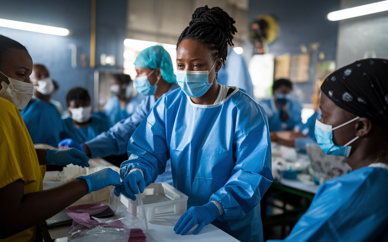 A resilient global health worker on the front lines during a health emergency, such as a natural disaster or disease outbreak. The scene captures the professional, a Black woman wearing protective gear and a face mask, coordinating with local volunteers in a makeshift clinic setting. The environment is bustling with activity, as individuals are being triaged and provided care. The lighting is urgent yet hopeful, showcasing the determination to overcome adversity and support the community.