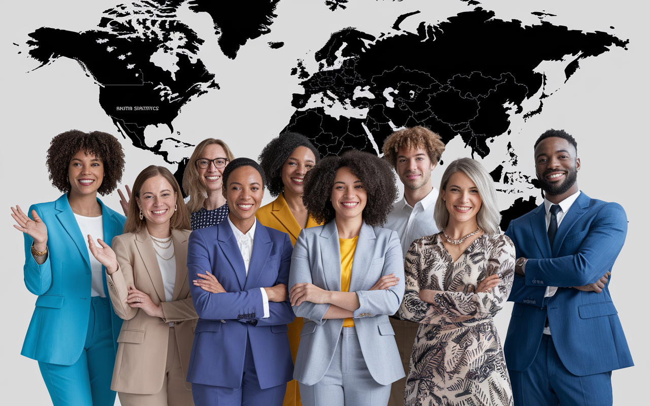 A dynamic group of global health advocates, representing different cultures and disciplines, standing together in front of a world map with health statistics overlay. Each professional is confidently showcasing their contributions, with gestures and smiles that reflect empowerment and commitment to global health initiatives. The lighting is bright, symbolizing hope and unity, while vibrant colors of their attire reflect diversity and collaboration.