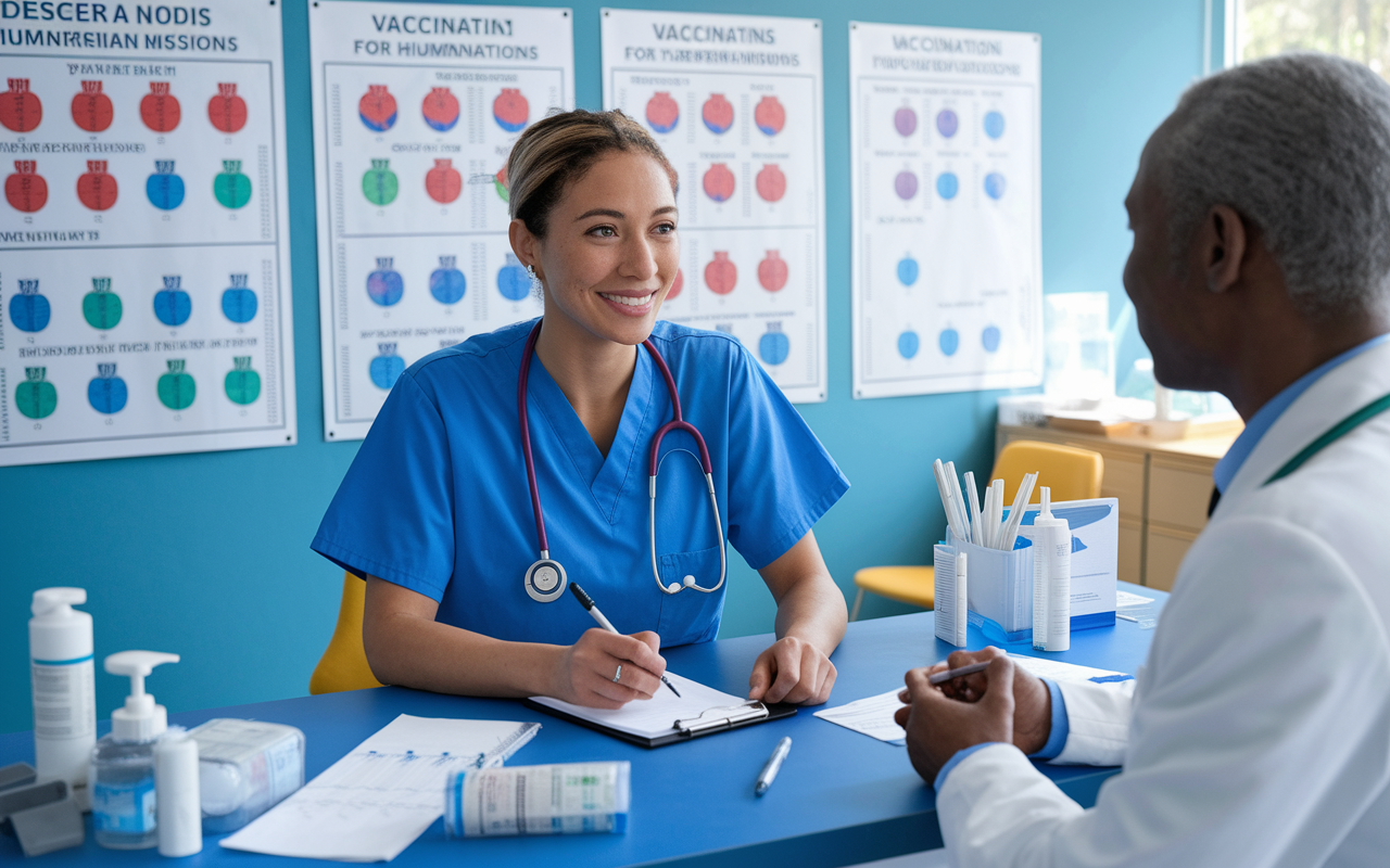 A medical volunteer at a travel clinic discussing vaccination options with a doctor. The clinic has charts on the wall detailing various vaccinations. The scene is warm and approachable, reflecting the importance of health preparation for humanitarian missions. The volunteer takes notes while engaging in a friendly conversation, with medical supplies and travel information visible.