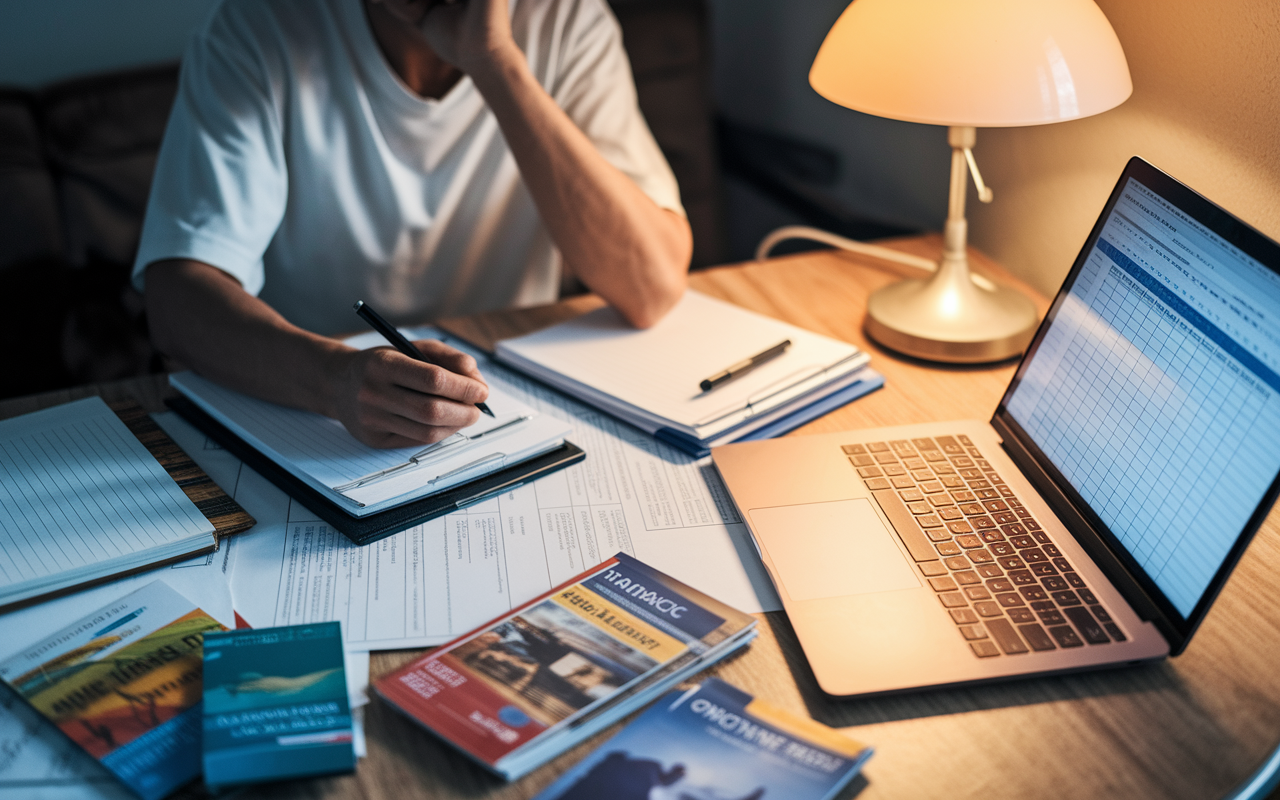 A thoughtful volunteer sitting at a table filled with documents, budgeting for their upcoming humanitarian mission. A laptop displays a financial planning spreadsheet, while notebooks and pens are scattered around. The warm light from a lamp casts a cozy glow over the scene, emphasizing the importance of financial preparation with a backdrop of travel brochures and currency exchange pamphlets.