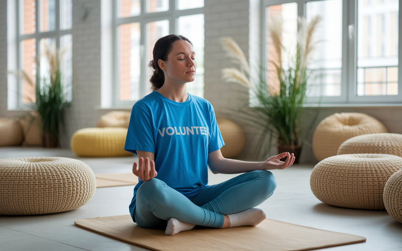 A volunteer sits peacefully in a spacious room, practicing mindfulness techniques prior to their humanitarian mission. Soft cushions and natural elements decorate the space, reflecting a serene atmosphere for emotional preparation. The volunteer appears relaxed, engaged in self-reflection with calming light filtering in through large windows.