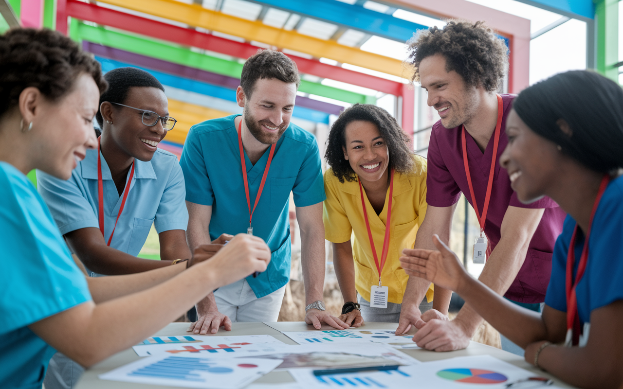 A group of healthcare volunteers from different backgrounds engaged in a collaborative discussion in the field. They are sharing ideas and strategies around a local health issue, with charts and community data spread out on a table. The environment is lively, with bright colors and a sense of unity among the diverse participants, reflecting the spirit of teamwork.