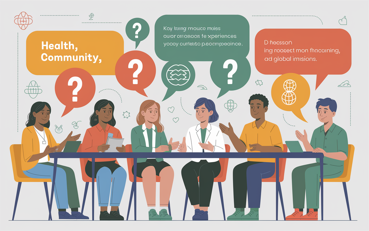 An infographic showing a Q&A session among volunteers discussing their experiences in humanitarian missions. It features visually appealing elements such as question marks and icons symbolizing health, community, and global impact. The setting is bright and engaging, encouraging interaction and learning among the group.