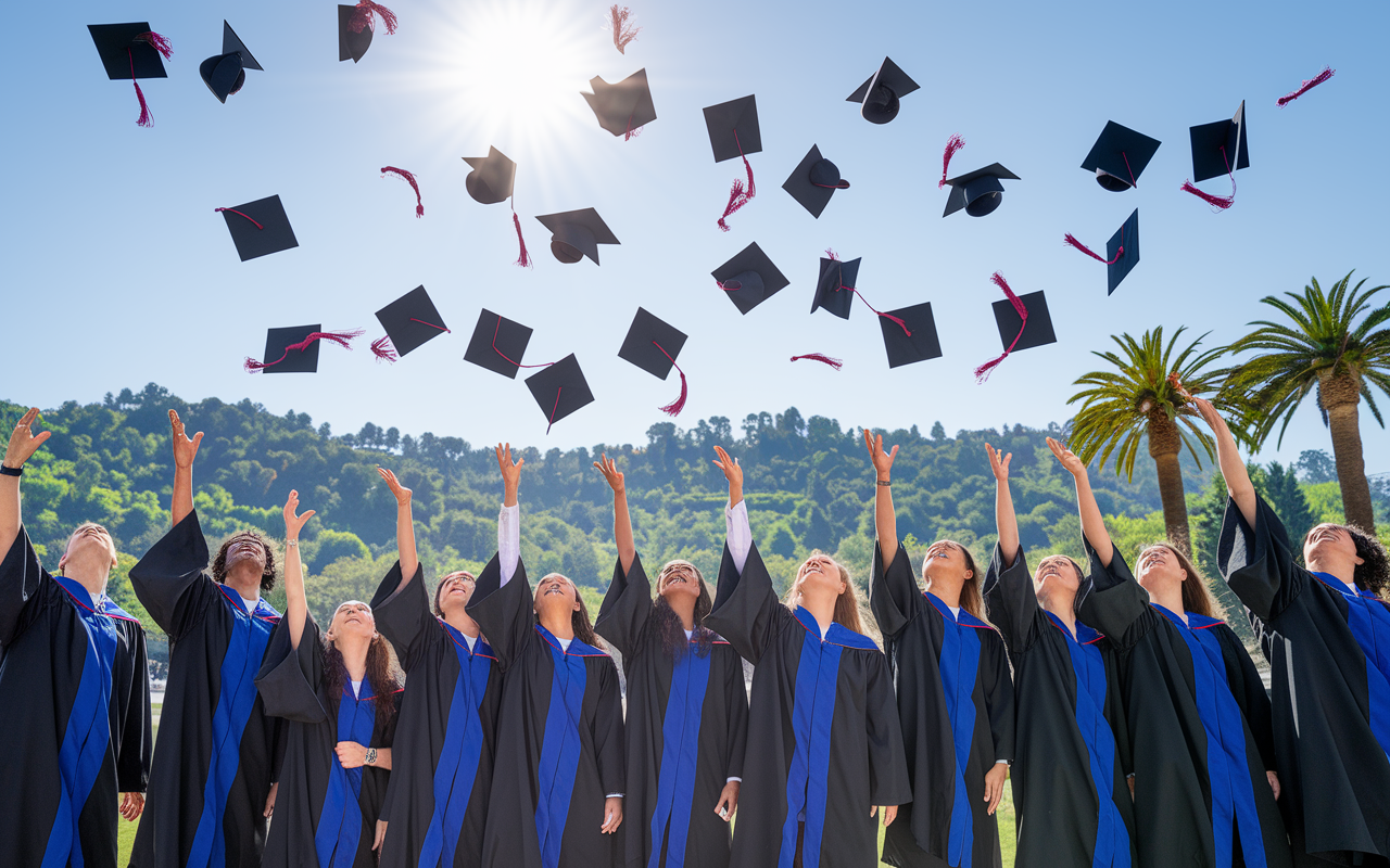 A graduation ceremony at St. George's University, with a diverse group of medical graduates in caps and gowns, joyfully tossing their hats into the air. A backdrop of green hills and palm trees can be seen under a bright sun, symbolizing achievement and success. The atmosphere is filled with excitement and accomplishment, celebrating the transition from students to medical professionals.