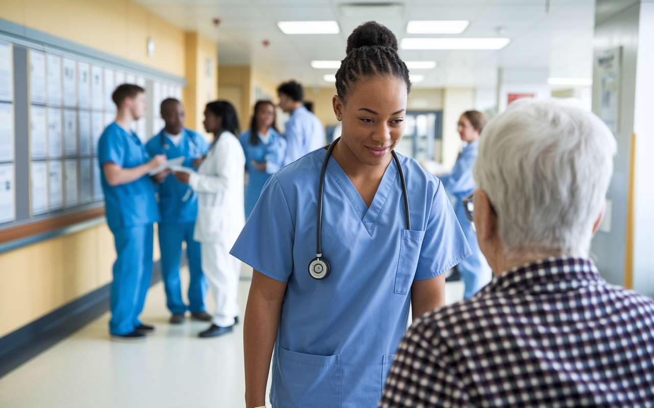 A focused medical student in hospital scrubs engaging with patients during a clinical rotation in a bustling U.S. hospital. Bright, sterile surroundings with medical charts on walls and medical staff discussing cases nearby. The student is listening attentively to an elderly patient, conveying compassion and professionalism amidst a busy healthcare environment.