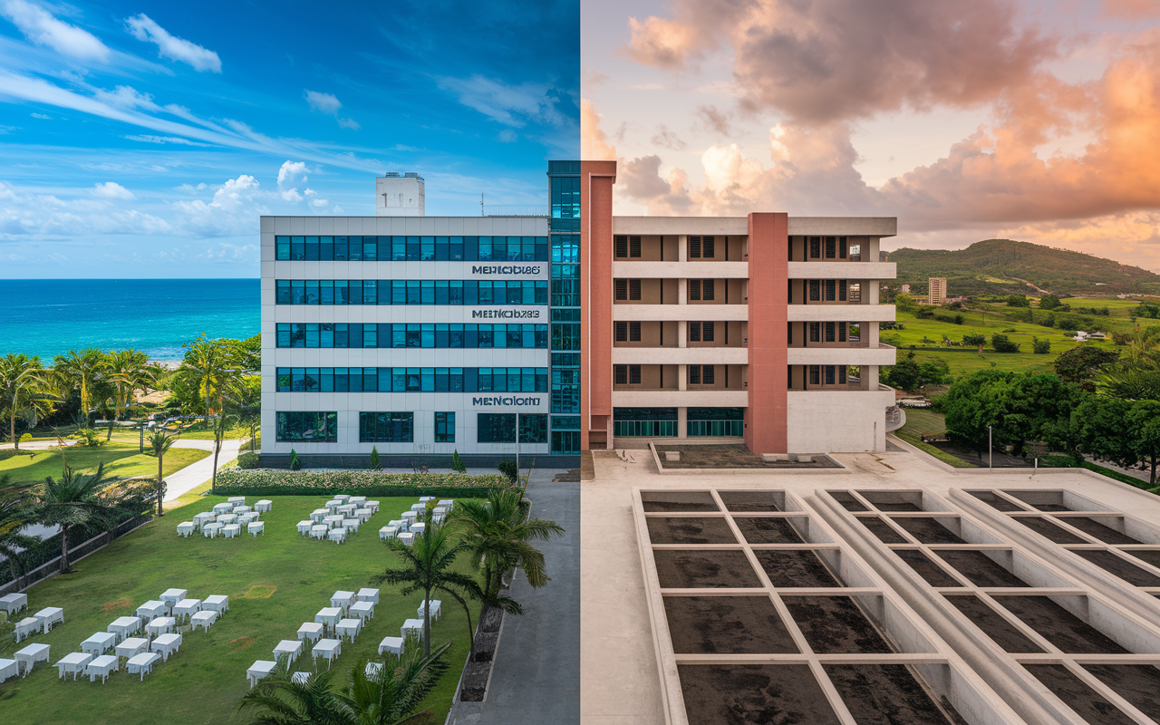 A split image showing two contrasting Caribbean medical school campuses: one with a modern, well-equipped facility filled with students and advanced technology, and the other an outdated institution with empty classrooms. This juxtaposition highlights the variability in quality and resources among Caribbean medical schools, set against a sunny Caribbean backdrop.