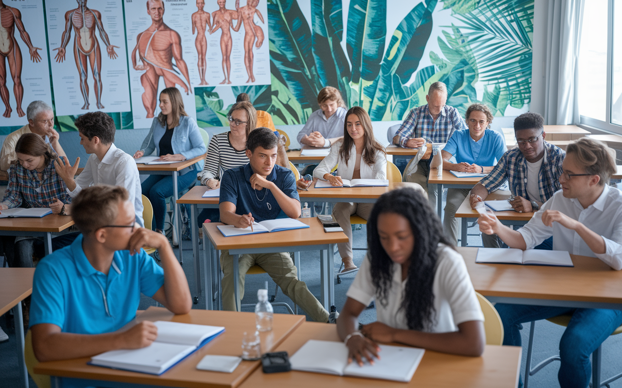 A diverse classroom in a Caribbean medical school with students actively participating in discussions. The room is filled with posters of human anatomy and tropical plants, creating an engaging learning atmosphere. Students from various ethnicities are sharing insights, showcasing collaboration and a rich learning environment that values different perspectives.