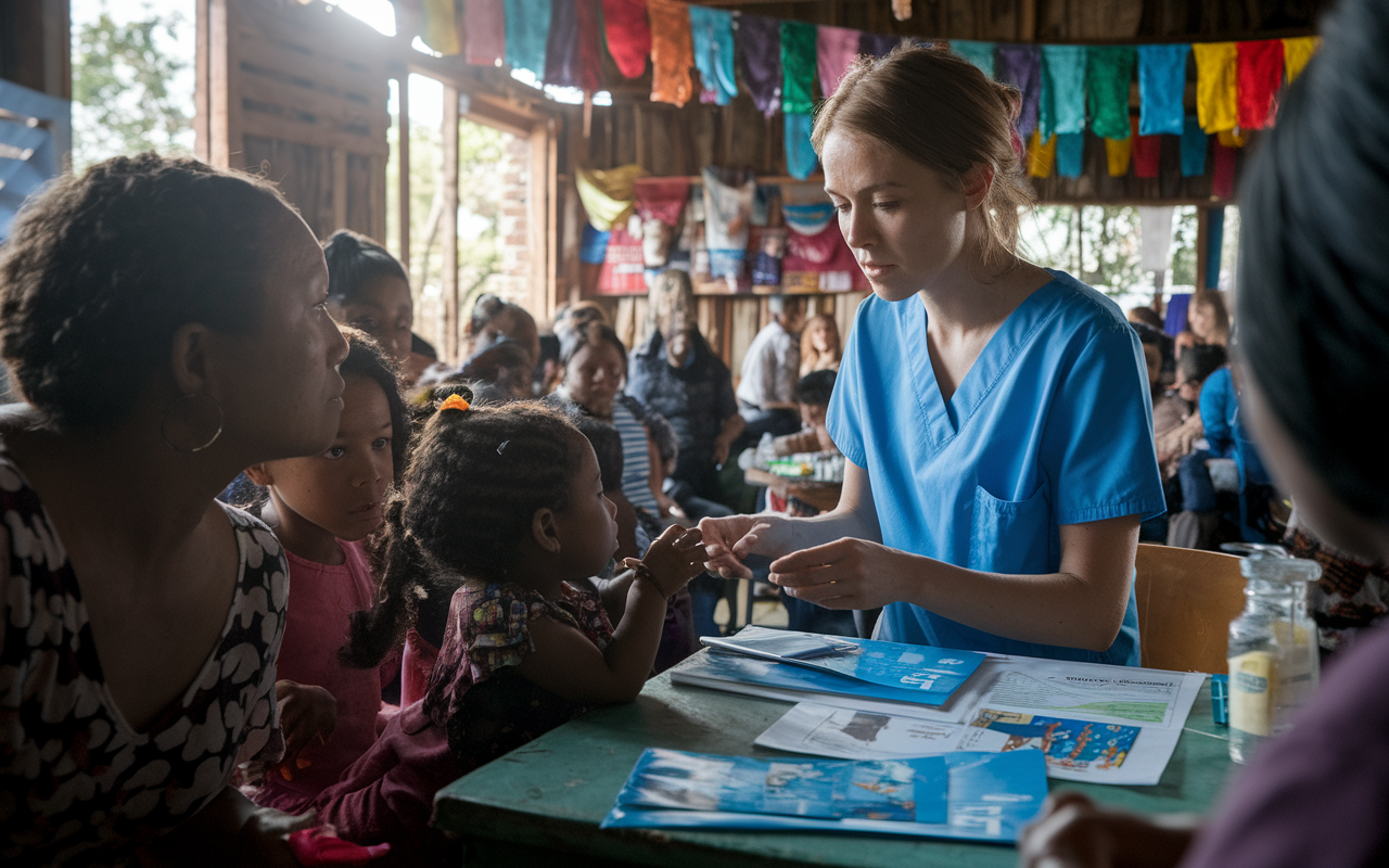 A poignant scene set in rural Honduras depicting Dr. Emily Carter, a young surgeon in scrubs, examining children in a makeshift clinic. The clinic is bustling with villagers seeking medical help, surrounded by colorful banners and health pamphlets. A close-up of a mother with her children shows concern, while Emily discusses hygiene practices. Sunlight spills through open windows, illuminating Emily’s compassionate expression, highlighting the emotional weight of her work in a community desperately in need of medical care.