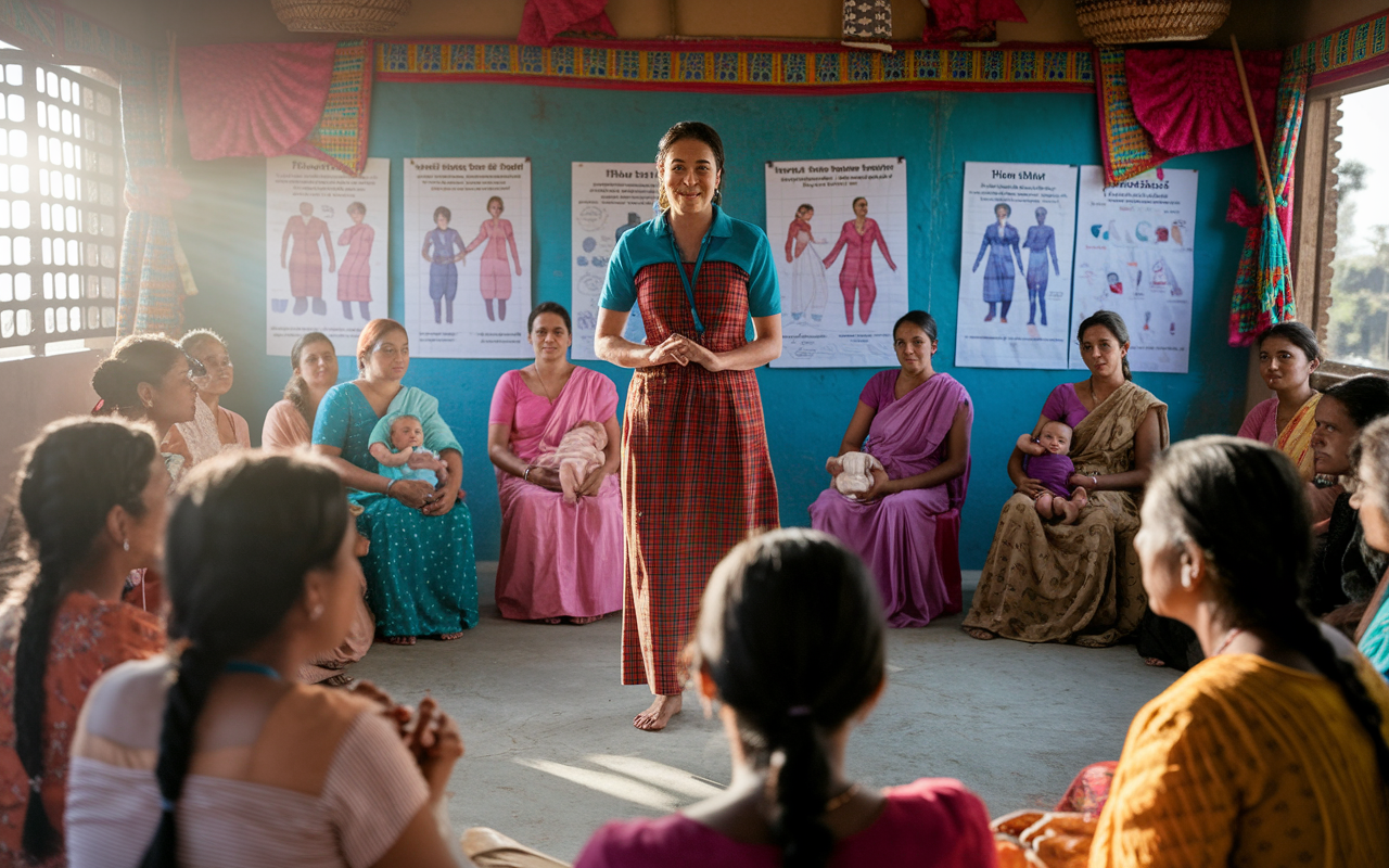 A vibrant scene set in rural India portraying Hannah Smith amidst a community workshop focused on maternal health. Hannah, a health worker, stands confidently addressing a group of women, some with their babies, seated in a circle. The room is adorned with colorful textiles and health charts, and sunlight streams through windows, creating a warm atmosphere. In the foreground, a woman named Priya is seen engaging with others enthusiastically, symbolizing the transformative power of education in breaking cultural barriers.