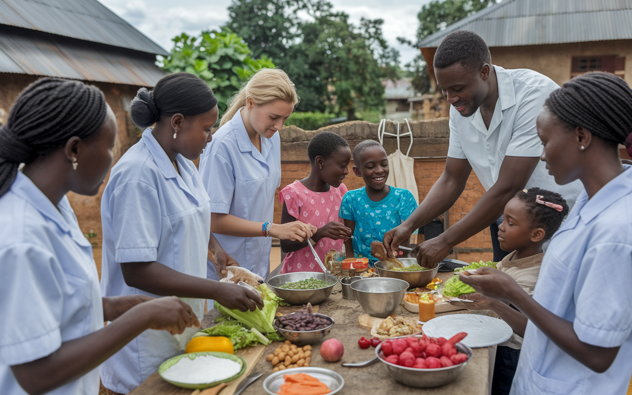 An engaging scene in Uganda depicting a group of medical students conducting a lively nutrition workshop with local children and parents. The students, diverse in background, demonstrate healthy cooking techniques using local produce. Colorful ingredients and utensils clutter the workspace, while children participate enthusiastically, creating a fun atmosphere of learning. The backdrop features traditional Ugandan homes and greenery, symbolizing community engagement and the goal of improving health through education.