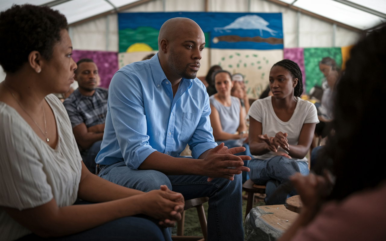 A heartfelt scene in Puerto Rico showing Dr. Mark Johnson, a psychiatrist, offering mental health support in a community gathering after Hurricane Maria. Surrounded by residents, including a woman named Lucia, Mark actively listens and provides comforting support amidst an atmosphere of recovery. The backdrop shows a makeshift tent and wall murals symbolizing resilience. Soft, warm lighting creates an ambiance of safety, reflecting the importance of mental health care in disaster recovery.