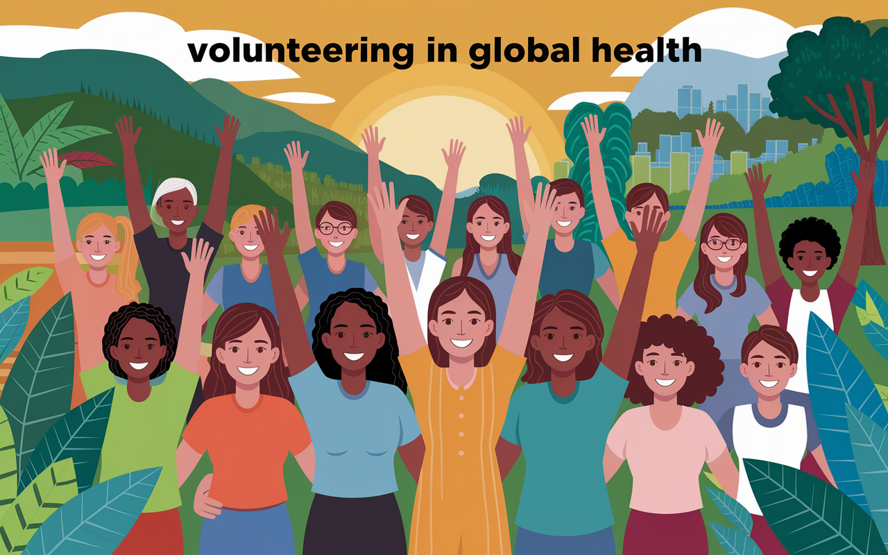 A concluding visual celebrating the spirit of volunteering in global health. A diverse group of volunteers, from different backgrounds, stands together smiling, arms raised in solidarity amidst lush green landscapes representing various international settings. The sun sets in the background, casting a golden hue, symbolizing hope and collective effort. This image captures the essence of community, resilience, and the shared mission of improving global health through volunteerism.