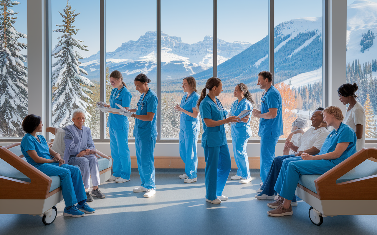 A bustling Canadian hospital environment filled with healthcare professionals of diverse backgrounds collaborating. In the background, panoramic windows reveal breathtaking views of snowy mountains and lush forests. The scene is warm and inviting, with friendly interactions between medical staff and patients, highlighting Canada's commitment to inclusivity and quality healthcare.