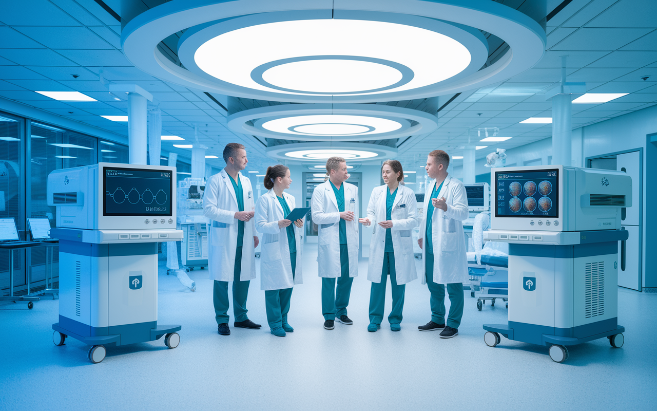 A modern German hospital featuring advanced medical technology and a focused medical team discussing innovative treatments. The atmosphere is vibrant and engaging, with bright, sterile surroundings and medical equipment displaying cutting-edge technology. The attention to detail reflects Germany's commitment to research and development in healthcare.