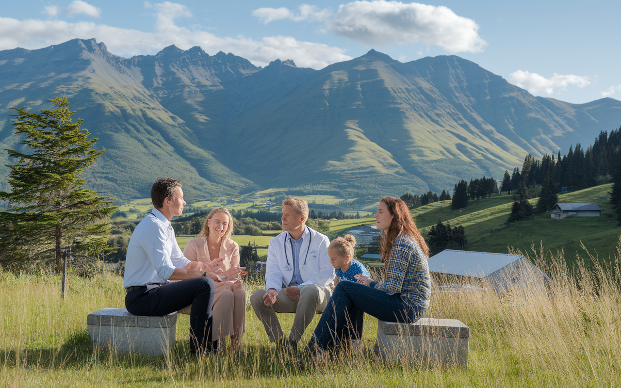 A scenic view of a New Zealand healthcare clinic, showcasing a doctor discussing treatment plans with a local family outdoors, surrounded by picturesque mountains and lush greenery. The image captures the essence of community engagement and the holistic approach practiced in New Zealand's healthcare system, emphasizing harmony with nature.