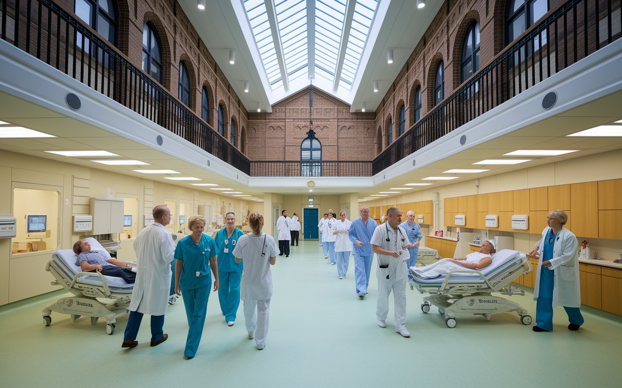 A historic yet modern NHS hospital in the UK bustling with diverse healthcare professionals attending to patients. The scene shows a blend of traditional architecture with contemporary medical facilities, creating an inviting and efficient environment. Doctors and nurses engage transparently with patients, encapsulating the UK’s commitment to high-quality healthcare.